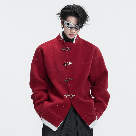 Sequin Fake Fur Collar Metal Buckle Knit Cardigan WN22592