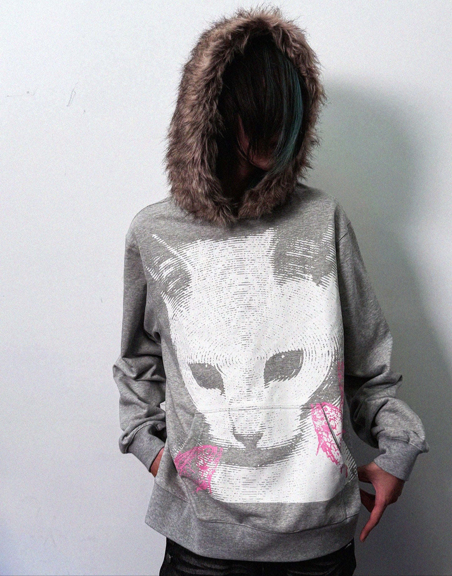 Cat Print Fake Fur Collar Hoodie WN20913