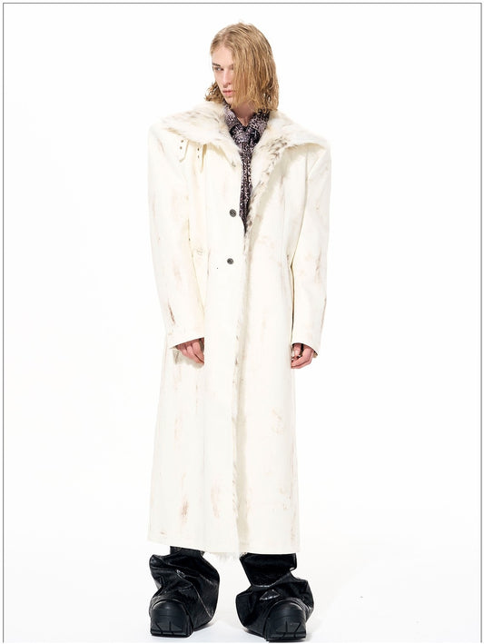 Paint Damage Stand Neck Fake Fur Coat WN22640
