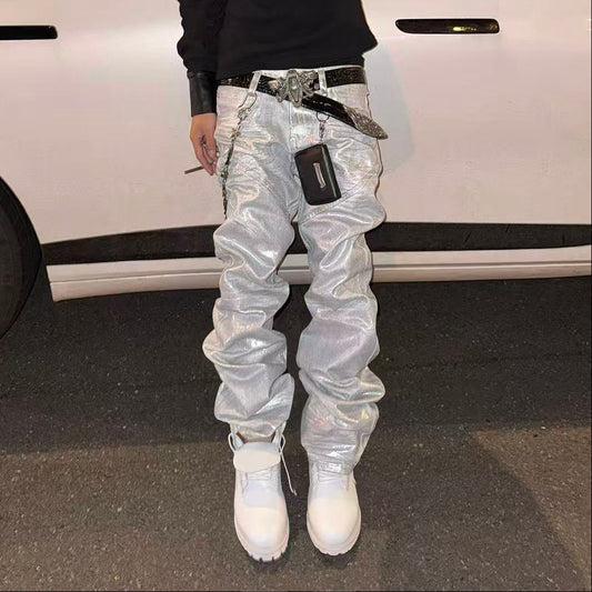 Metallic Coated Stacked Denim Jeans WN27401
