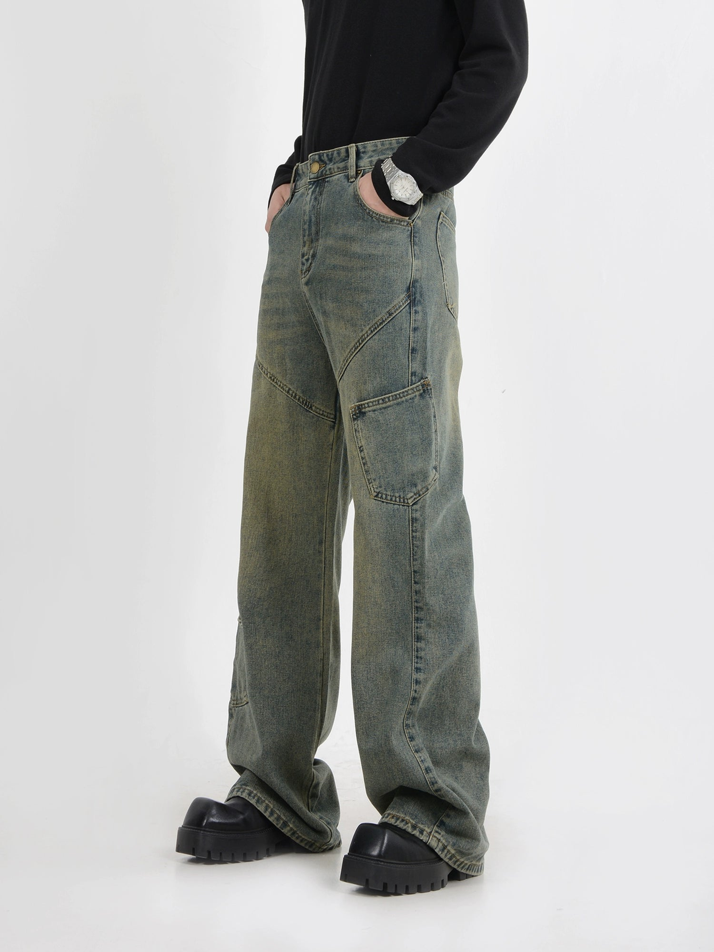 Multiple Pocket Wash Straight and Wide Leg Denim Jeans WN4416