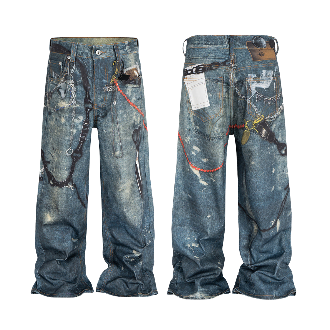 3D Print Washed Wide-Leg Denim Jeans WN11346