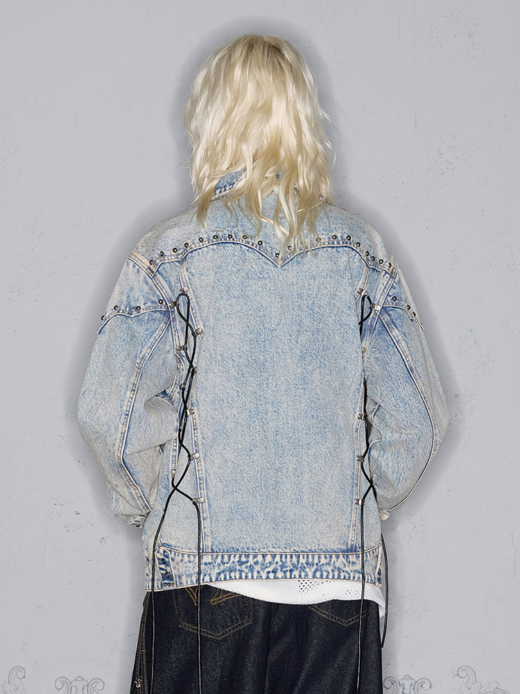 Rivet Strap Decor Mud Dye Structured Western Denim Jacket WN17996