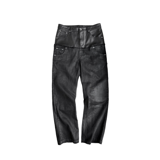 Double Waist PU Leather Patchwork Damage Denim Jeans WN27081