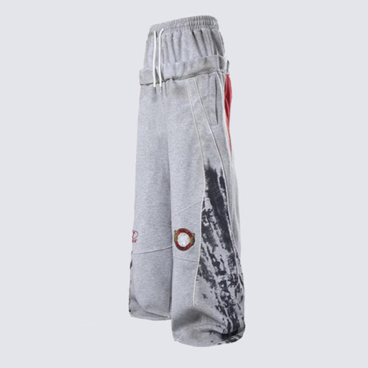 Double Waist Contrast Panel Embroidery Wide Leg Sweatpants WN28111