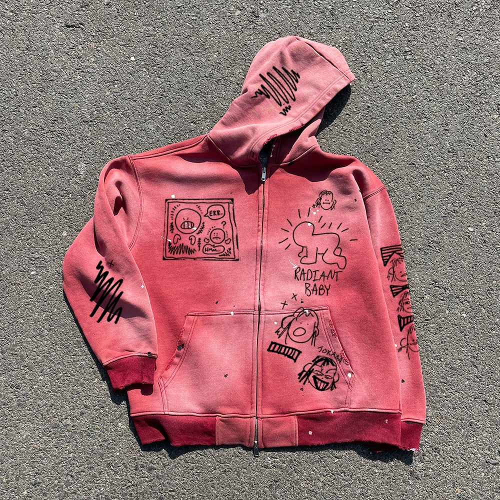 Art Print Washed Heavyweight Double Zip-Up Hoodie WN16687