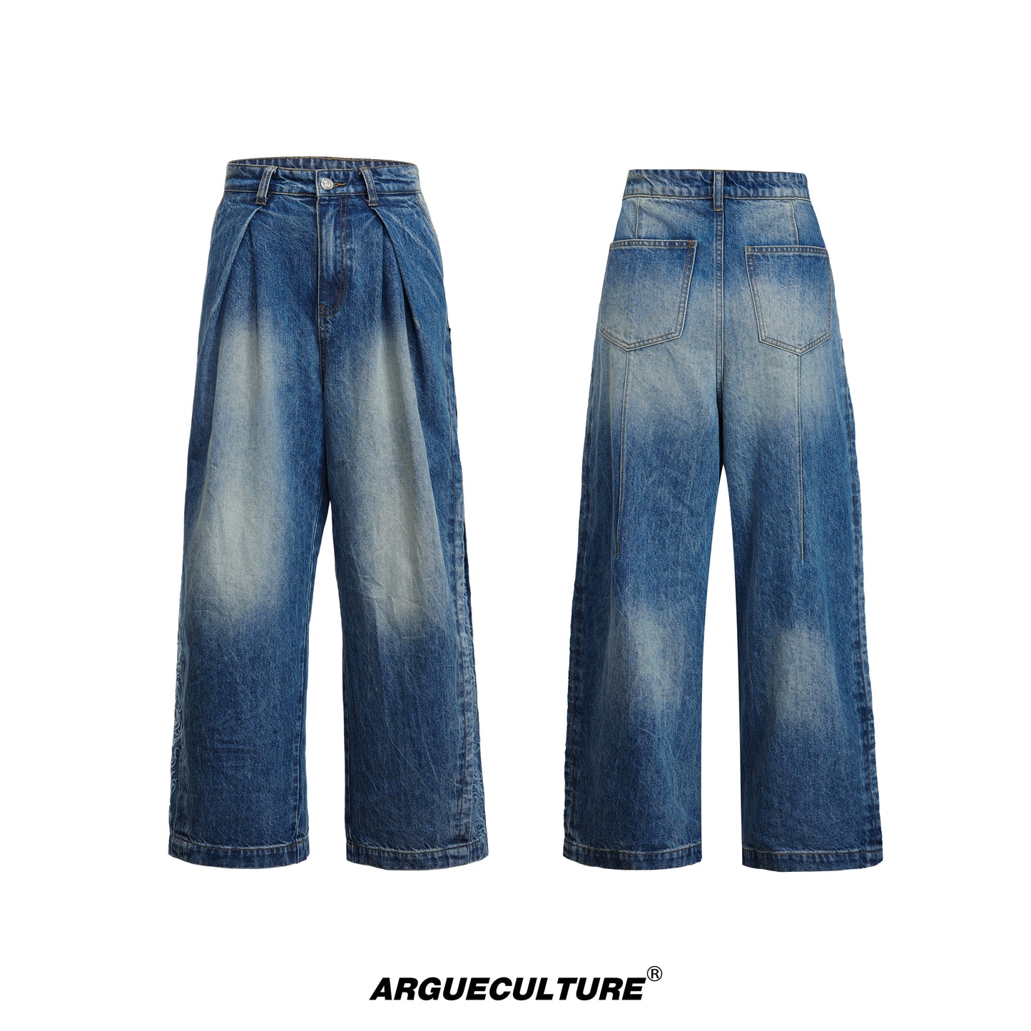 Washed Gradient Embroidery Pleats Straight Denim Jeans WN18363