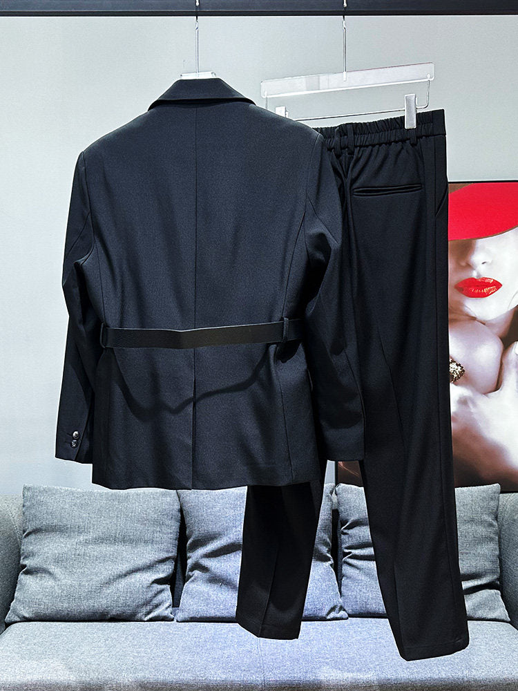 Patchwork Color Block Fake Layered Tailored Jacket & Straight Trousers Setup WN23926