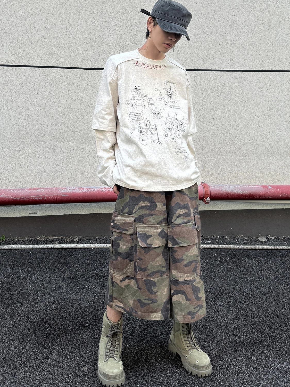 Fake Layered Back Graffiti Print Oversize Long Sleeve T-Shirt WN21154