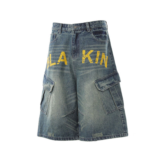 Washed Multi Pocket Letter Print Denim Half Jeans WN25994