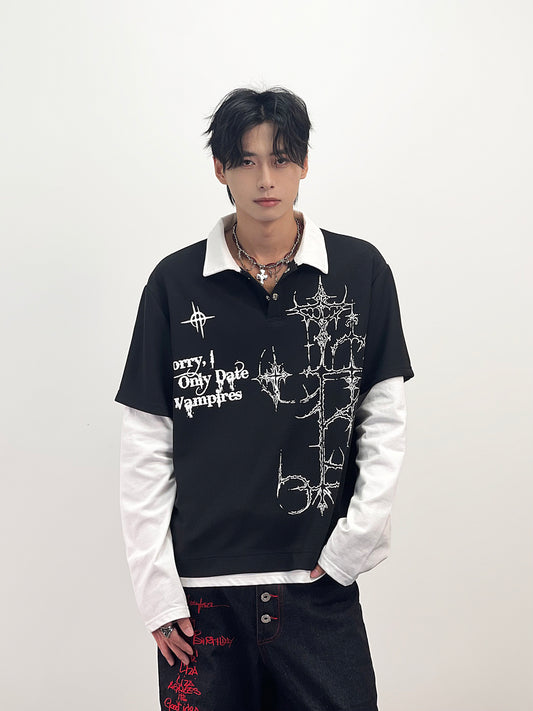 Cross Fake Layered Waffle Long Sleeve Polo T Shirt WN24245