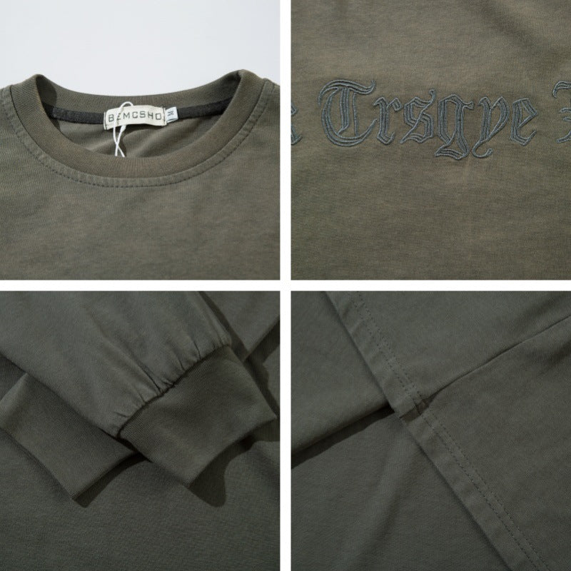 Washed Letter Embroidery Long Sleeve T-shirt WN11425