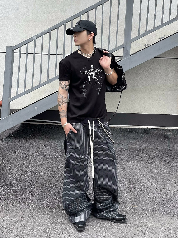 Striped Patchwork Design Vintage Style Wide Leg Pants WN18842