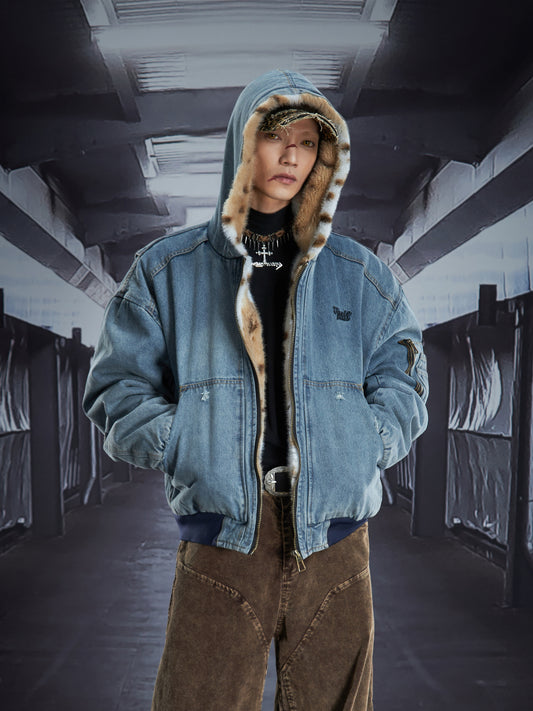 Washed Denim Leopard Fake Fur Eagle Hooded Puffer Jacket WN22835