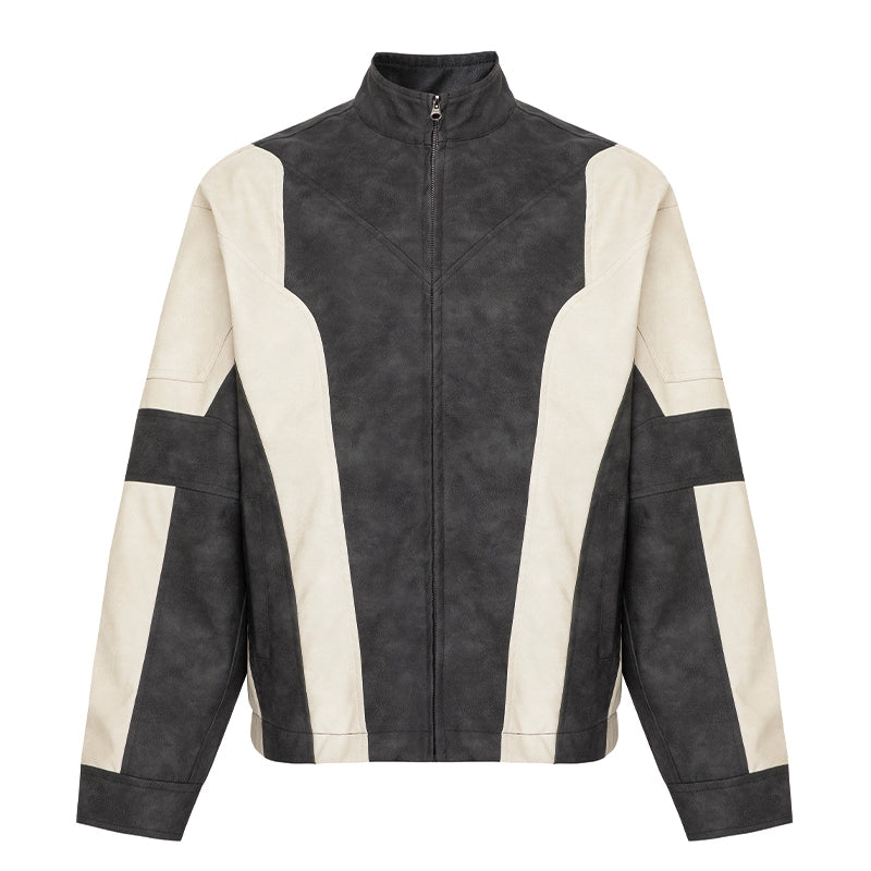 Bicolor Zipper PU Leather Jacket WN12294
