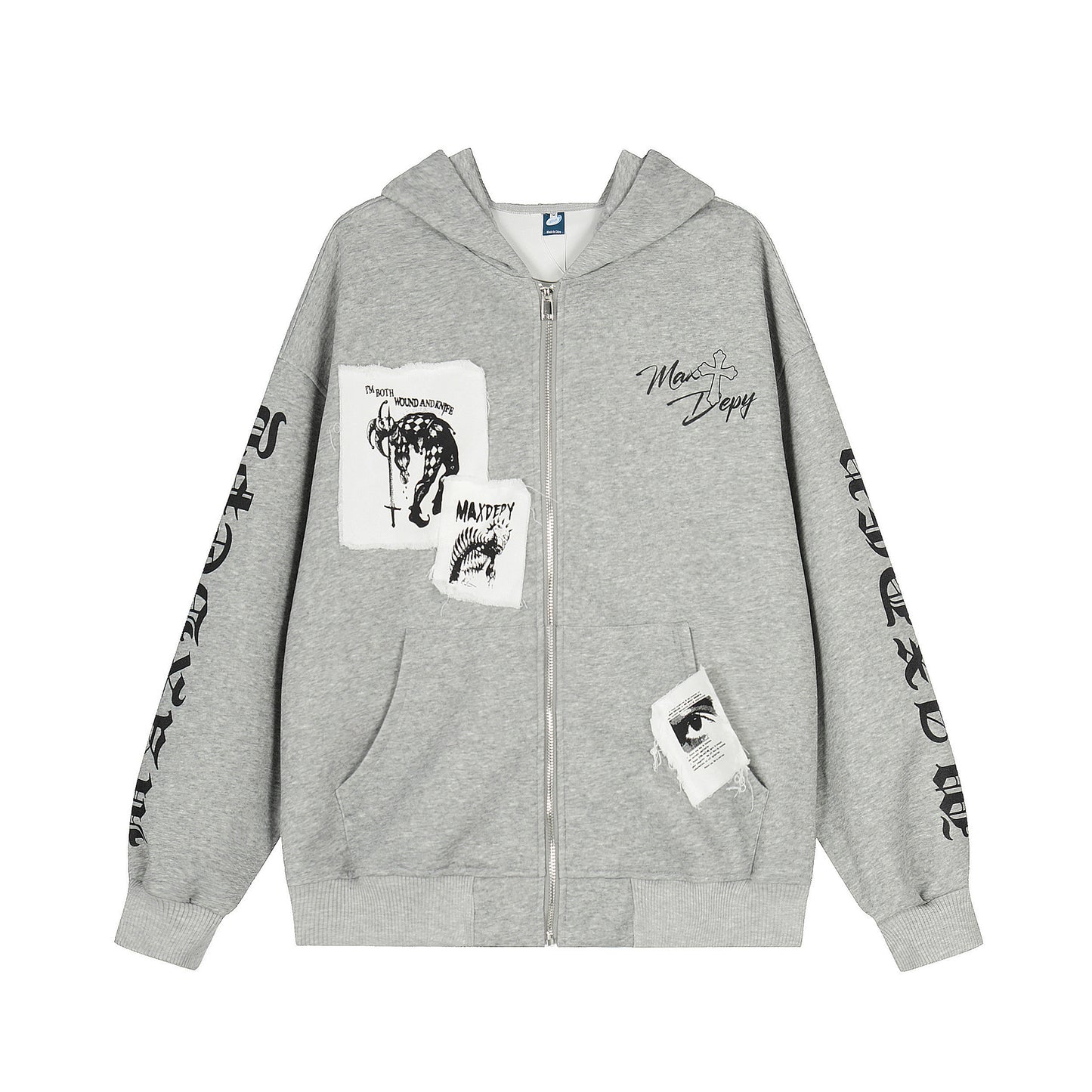 Mix Patch Graphic Washed Zipper Hoodie WN23598