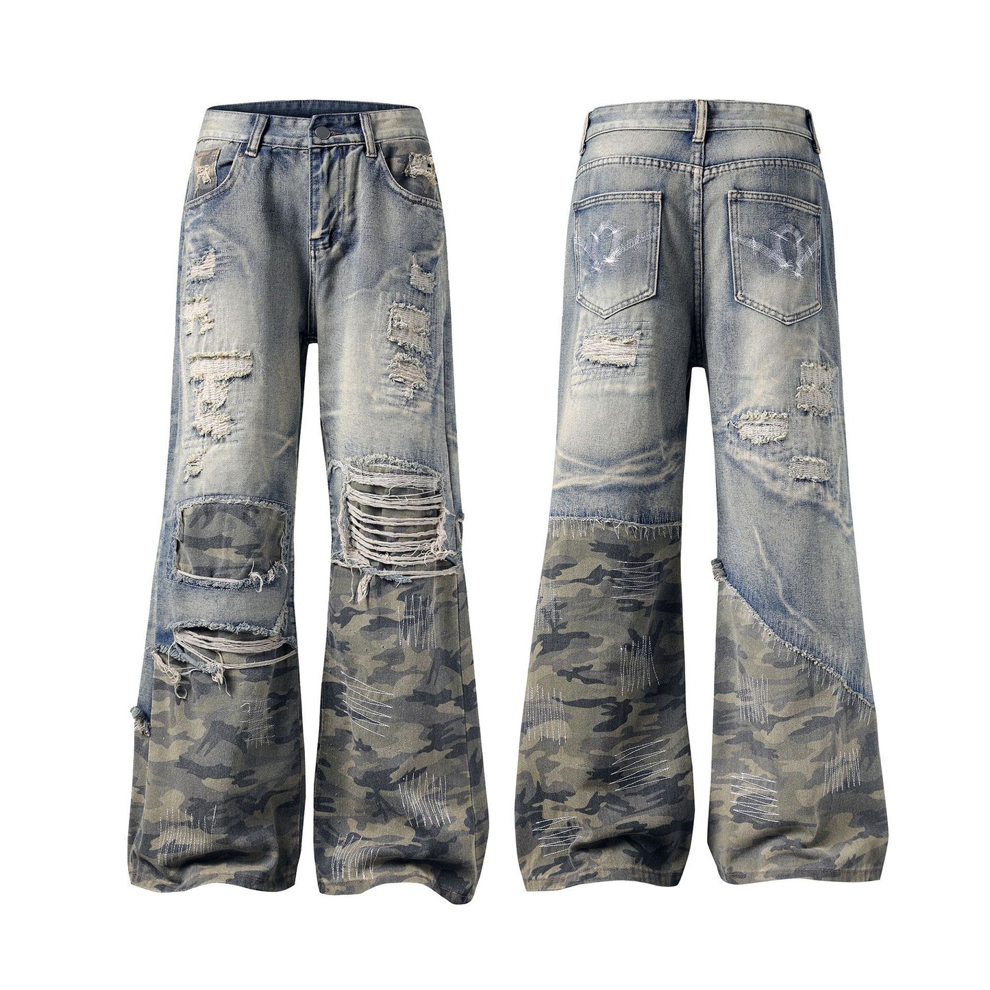 Camouflage Patchwork Damage Denim Jeans WN14445