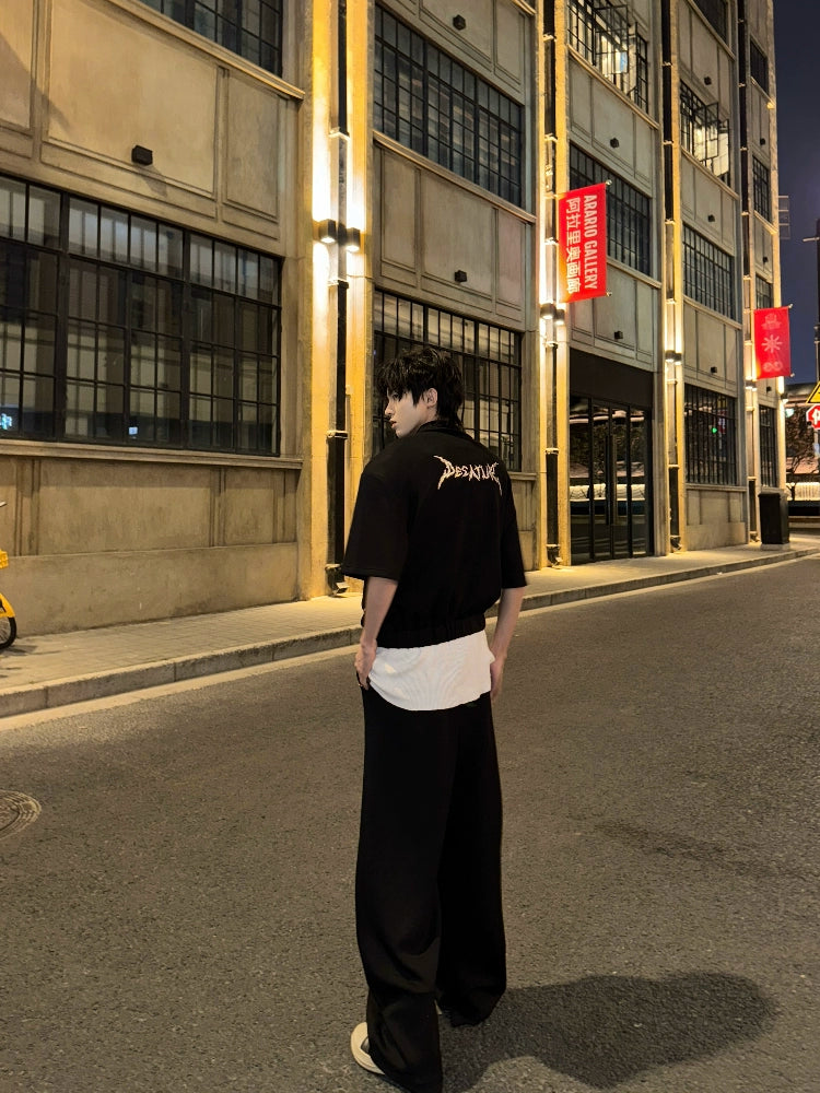 Graphic Letter Embroidery Shoulder-Pad Short Jacket & Wide Leg Pants Setup WN20748