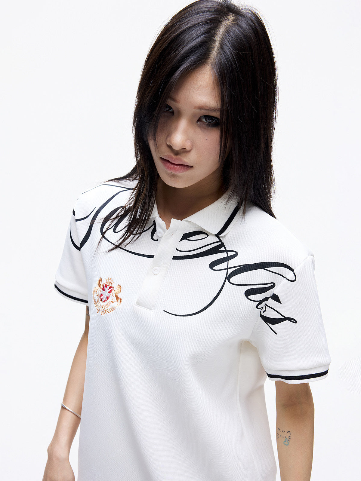 Contrast Script Print Embroidery Polo Collar Short Sleeve T-Shirt WN27292