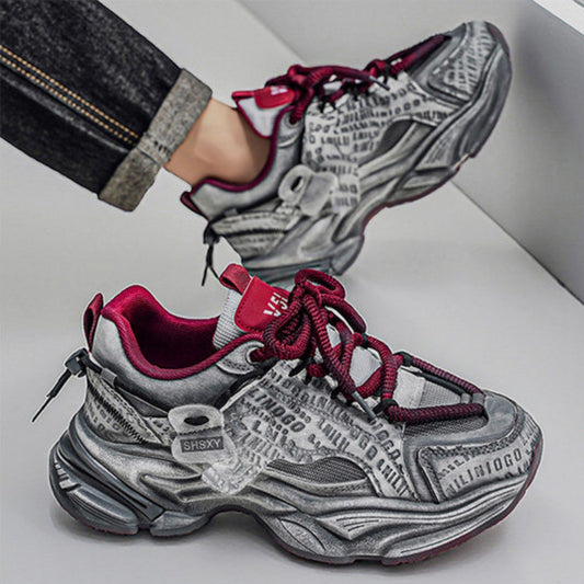 Letter Print Zipper Detail Chunky Lace-Up Sneakers WN23355