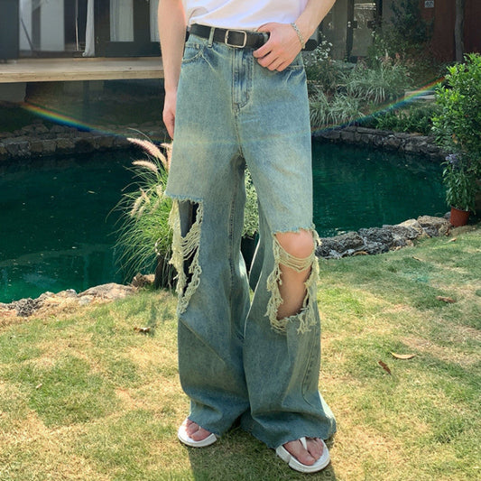 Fringe Damage Wide Leg Denim Jeans WN25024