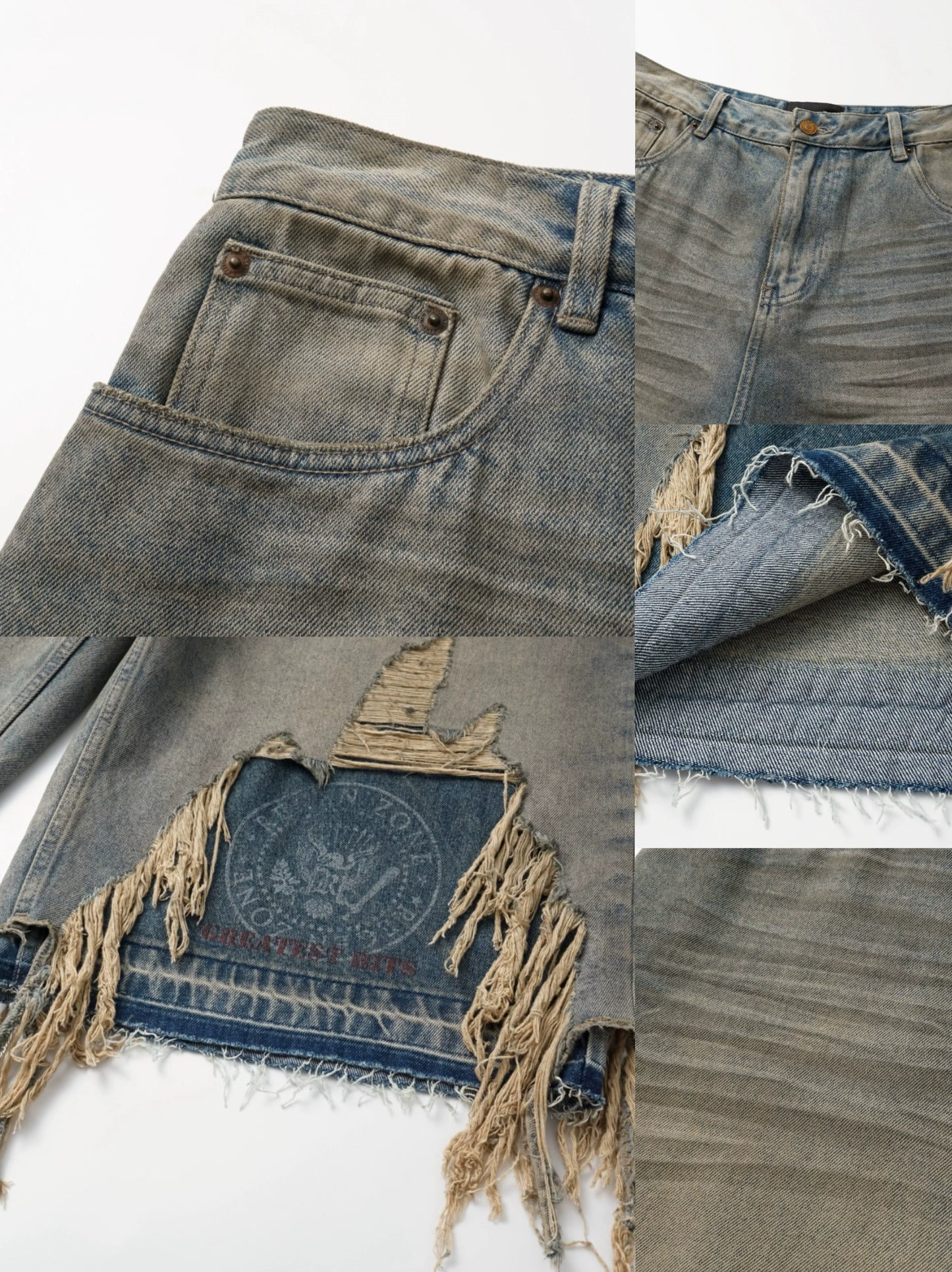 Washed Whisker Patchwork Half Denim Jeans WN19687