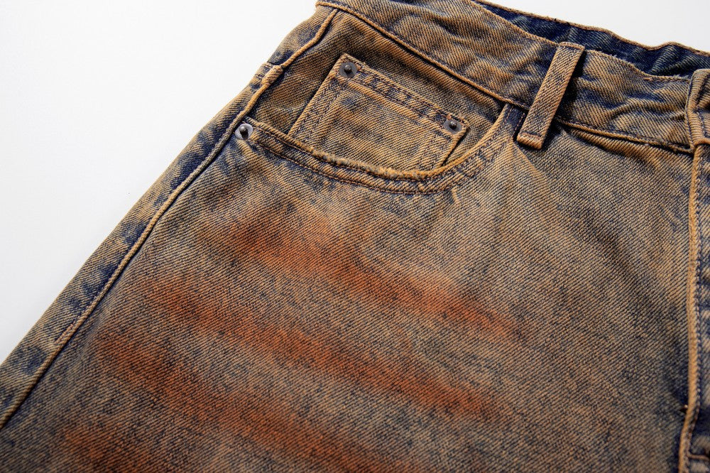 Mud Dye Washed Whisker Wide Leg Denim Jeans WN27904
