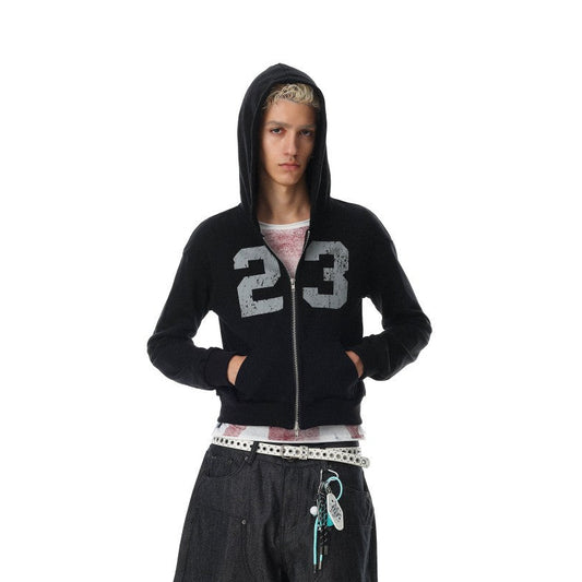 Cropped Number Graphic Zipper Hoodie WN27966