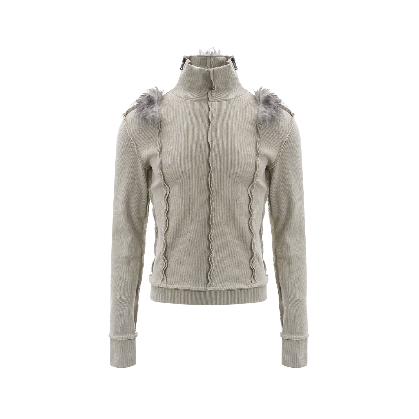 High-Neck Fake Fur Patchwork Long Sleeve T-Shirt WN12118