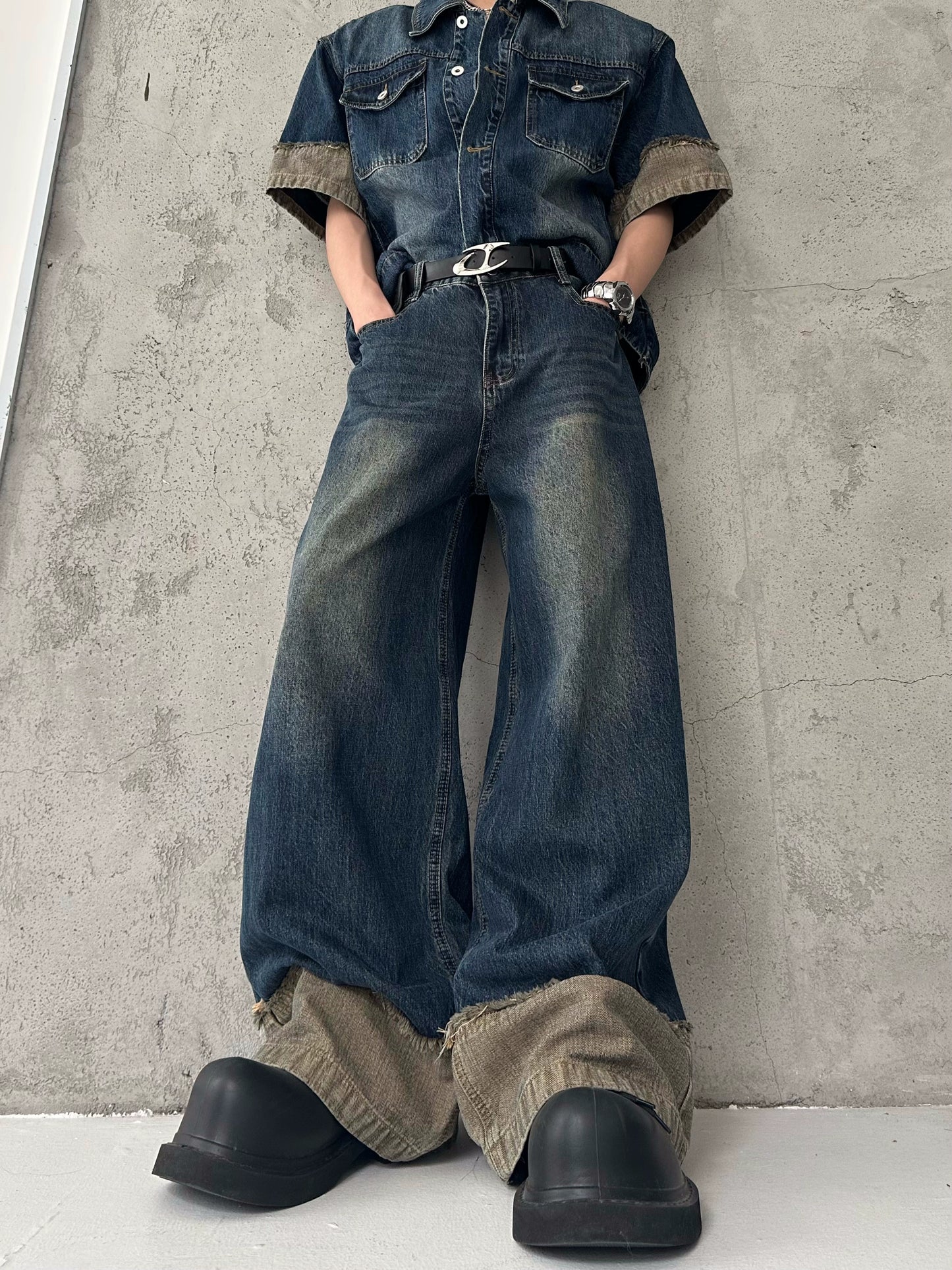 Washed Short Sleeve Denim Jacket & Wide Leg Denim Jeans Setup WN16782