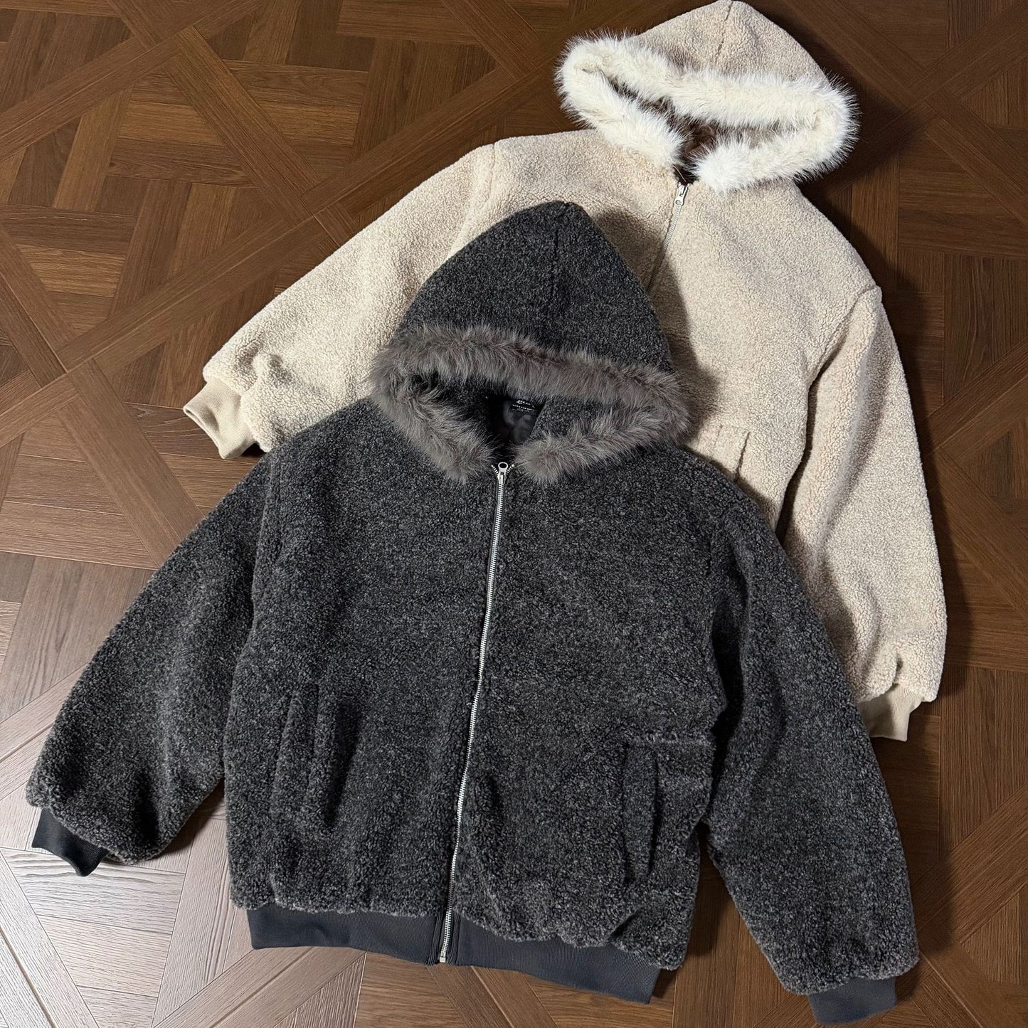 Hooded Lamb Fleece Zipper Puffer Jacket WN21929