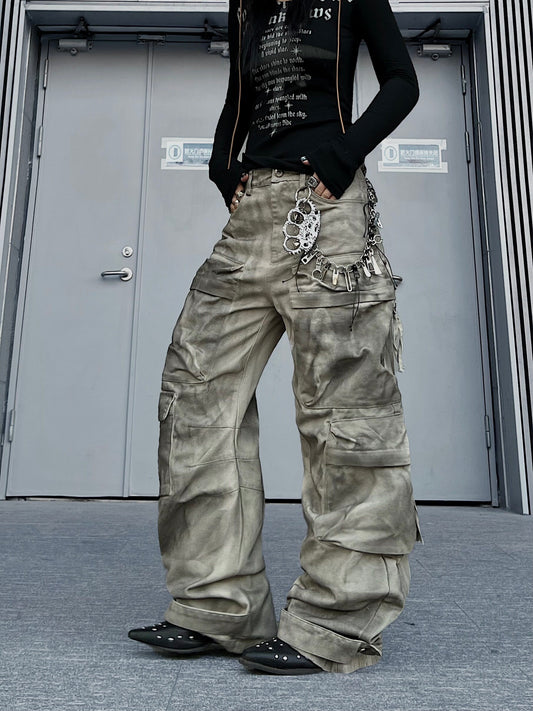Washed Multi Pocket Wide Leg Cargo Pants WN24176