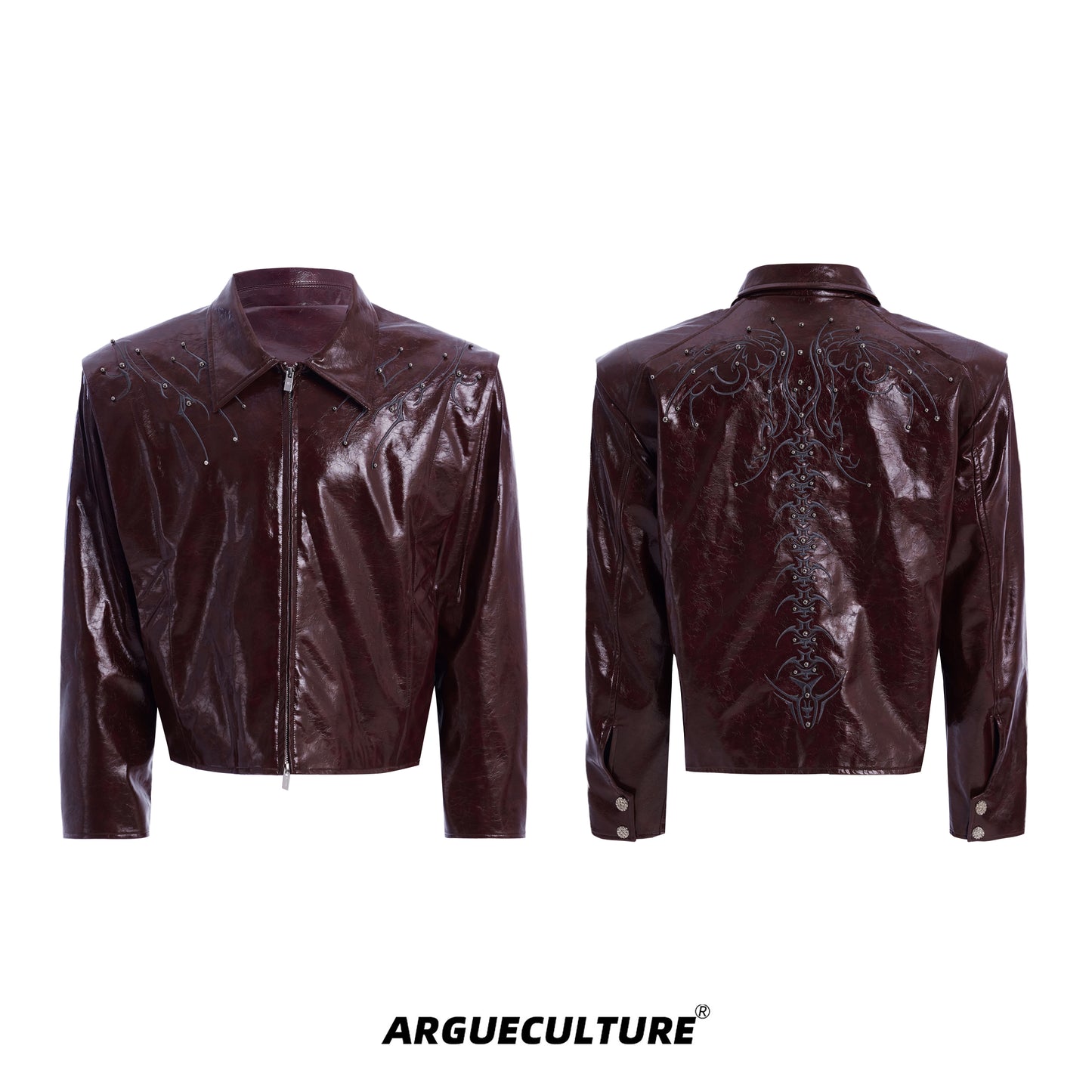 Spine Studs Embroidery Glossy Textured PU Leather Jacket WN14970