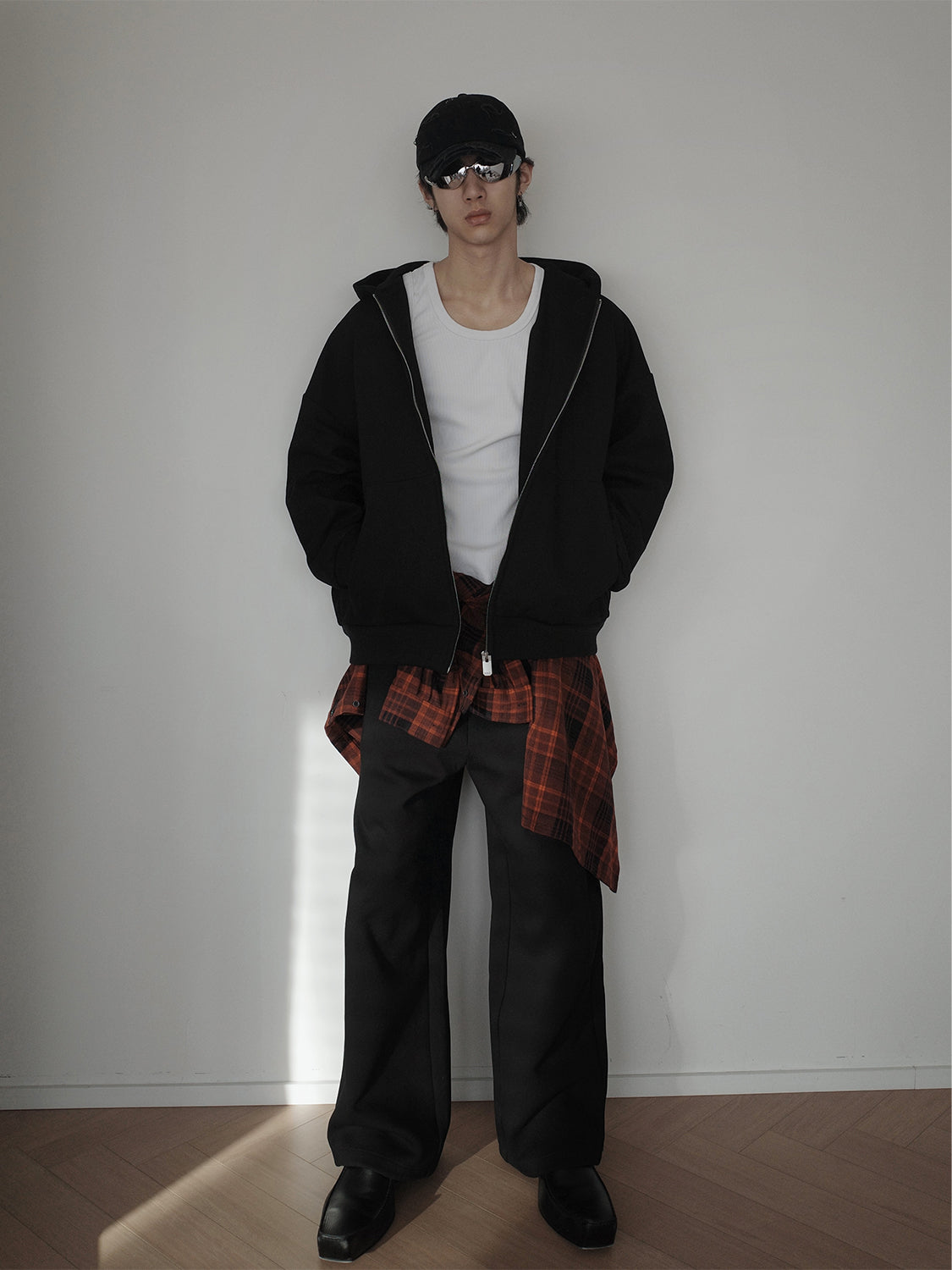 Detachable Fake Layered Plaid Shirt Zipper Hoodie WN15161