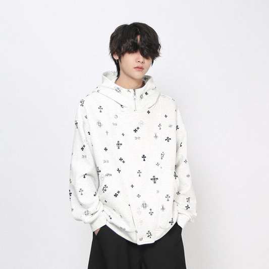 Cross Print Oversize Zipper Hoodie WN24440