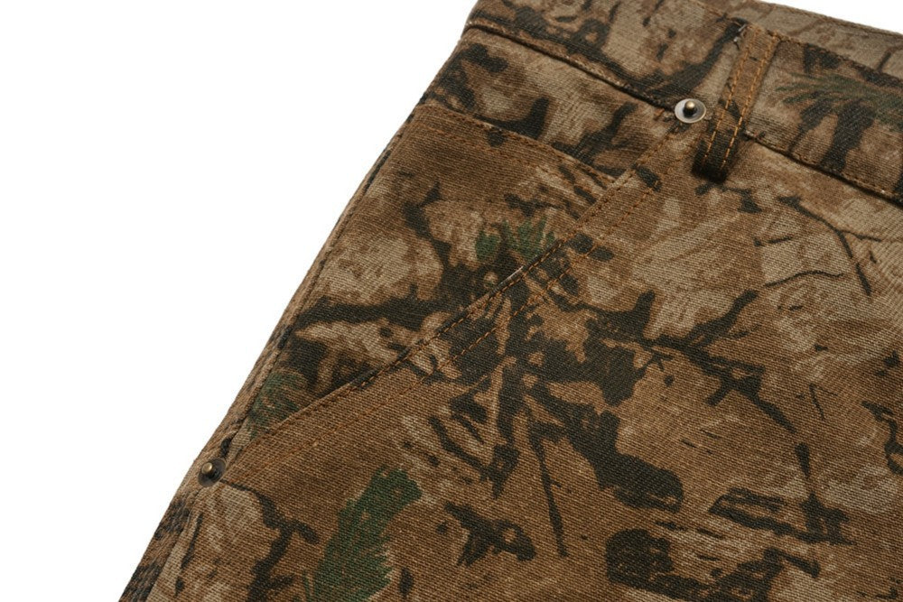 Camouflage Tree Print Cargo Pocket Wide Leg Denim Jeans WN28031