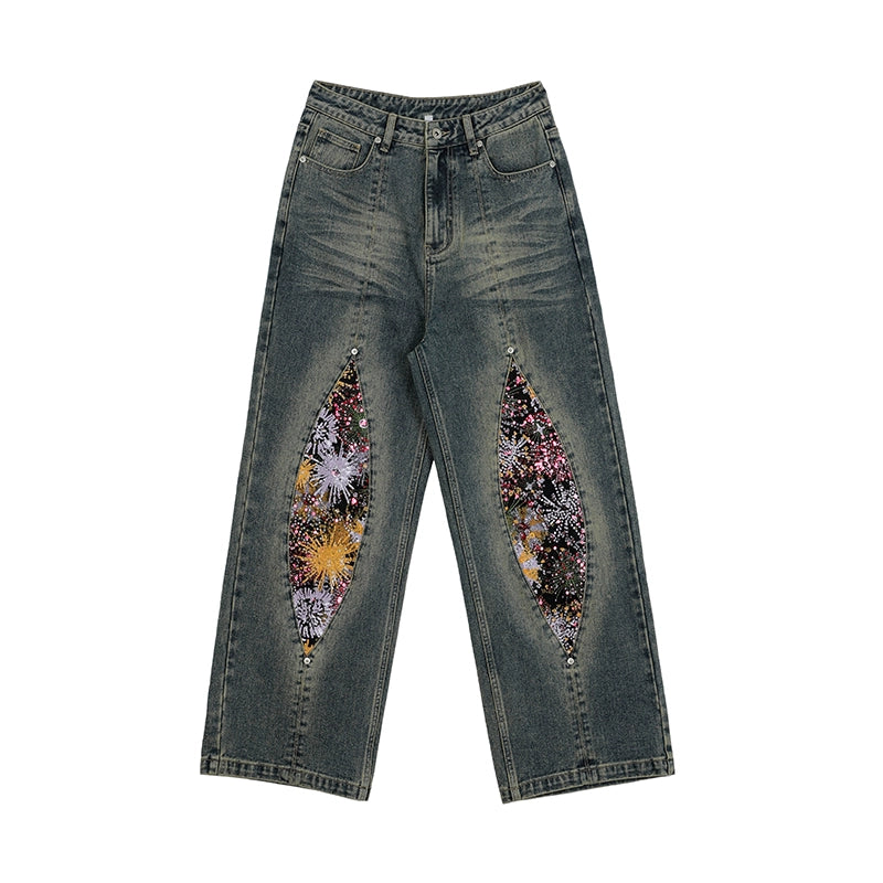 Fireworks Print Washed Denim Jeans WN18972