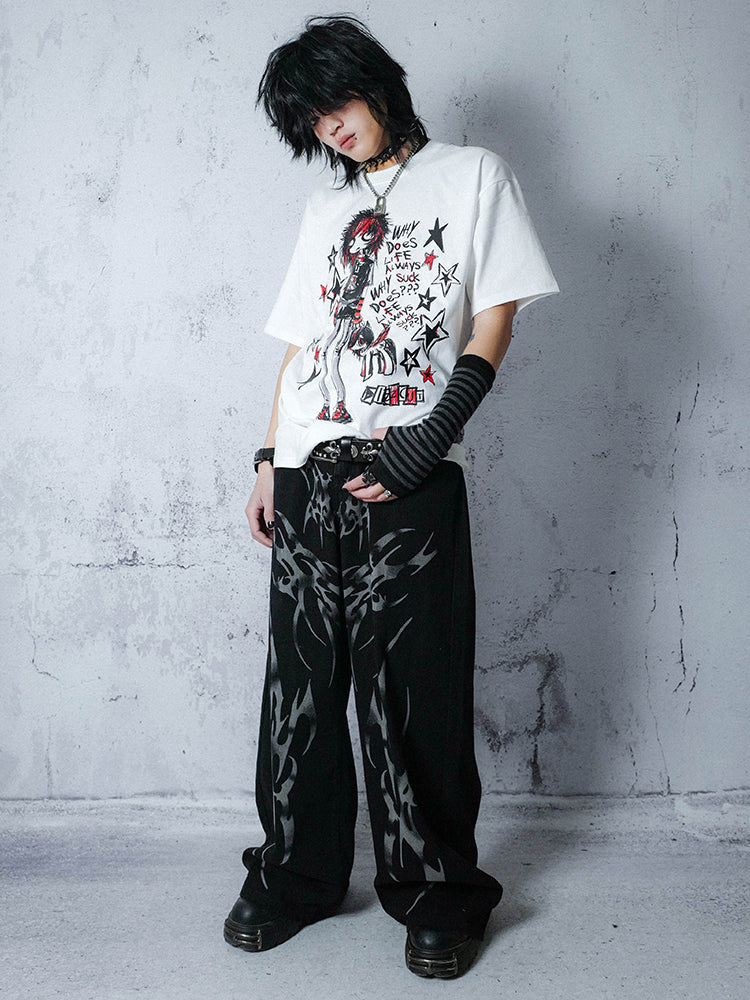 Draping Feel Graphic Design Wide Leg Denim Jeans WN15987