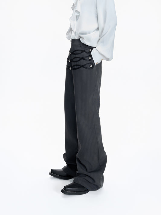 Leather Weave Metal Button Stripe Flare Trousers WN23556