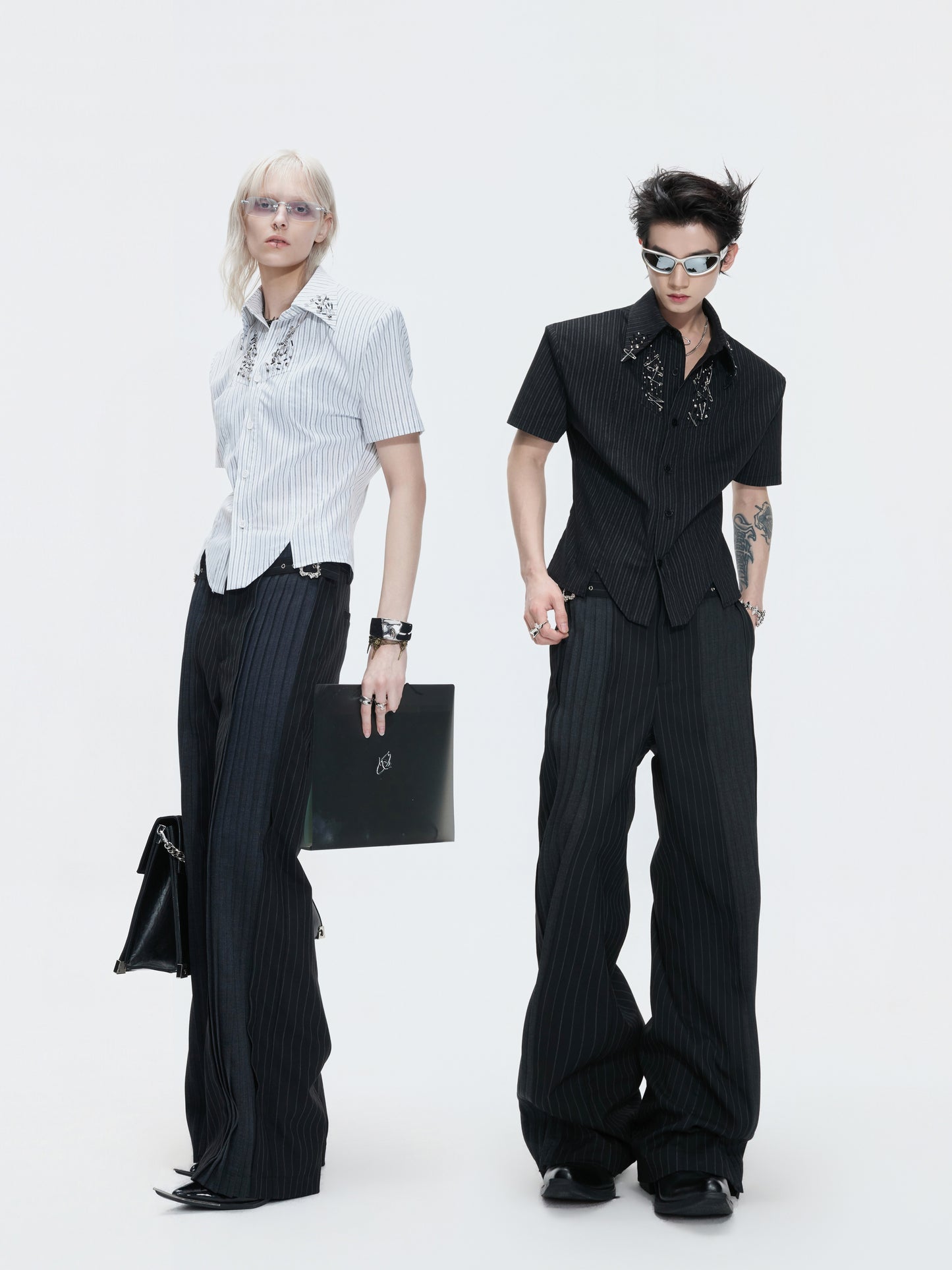 Decorative Buckle Stripe Patchwork Wide Leg Trousers WN27003