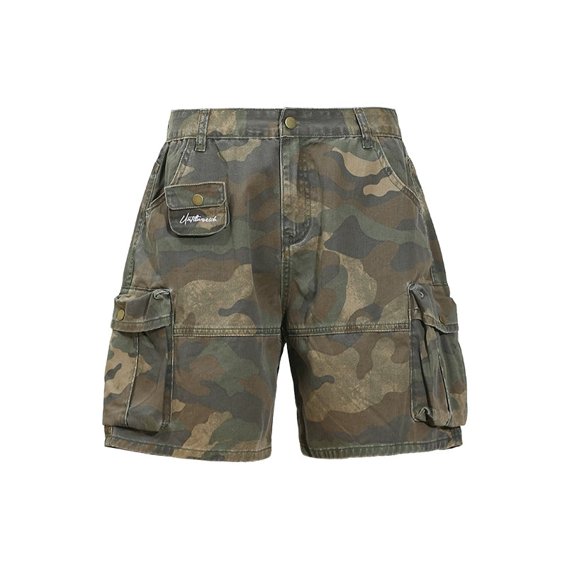 Washed Multi-Pocket Wide Leg Cargo Short Pants WN17730