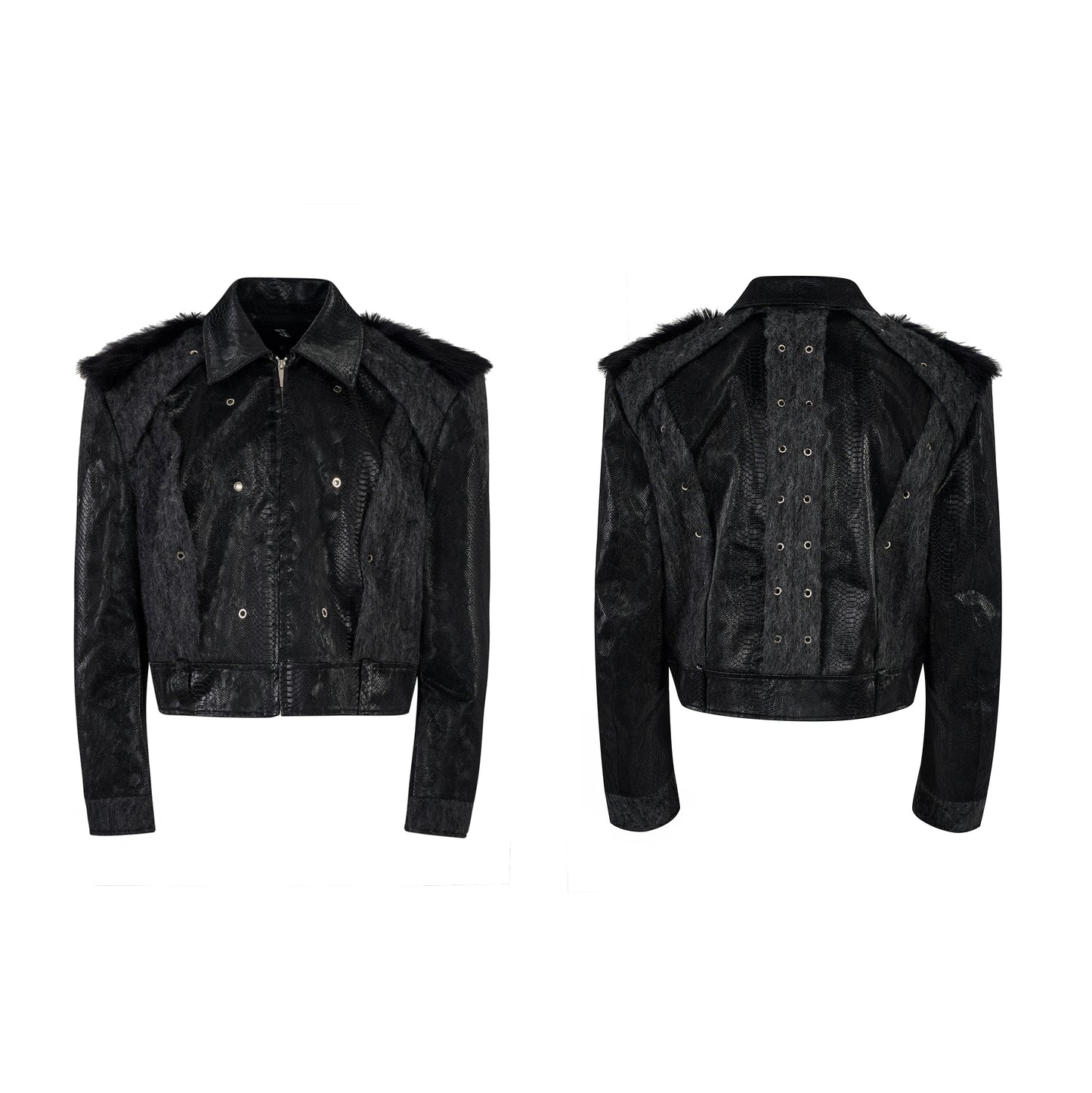Fake Fur Mix Snake Texture PU Leather Jacket WN21781