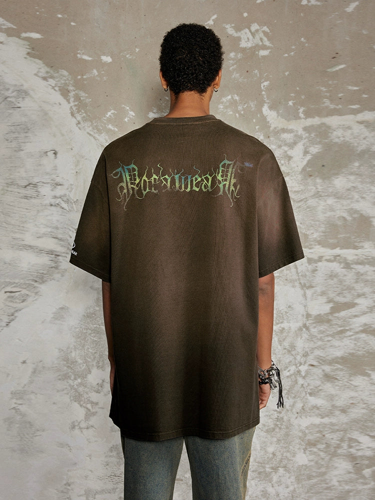 Flame Pattern Dirty Wash Damage Oversize Short Sleeve T-Shirt WN17989