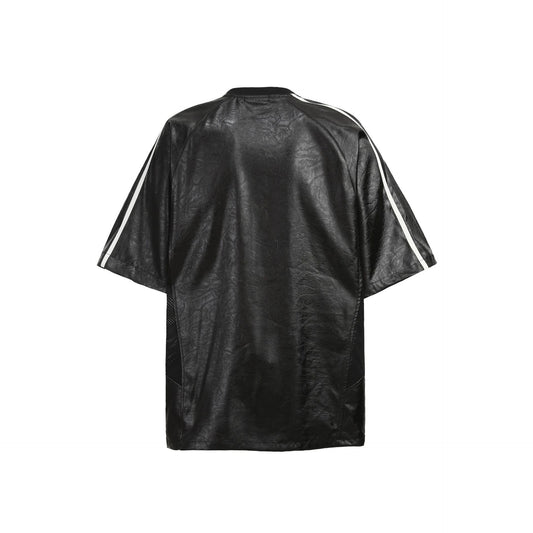 Chest Emblem PU Leather Stitching V-Neck Oversize Short Sleeve T-Shirt WN25655