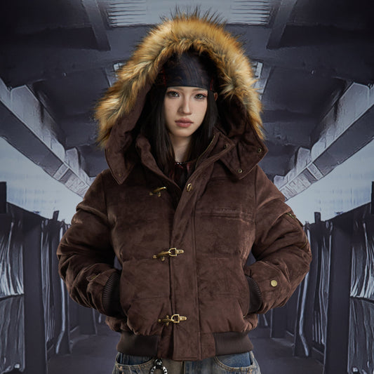 Detachable Hooded Suede Stand Neck Puffer Jacket WN22877