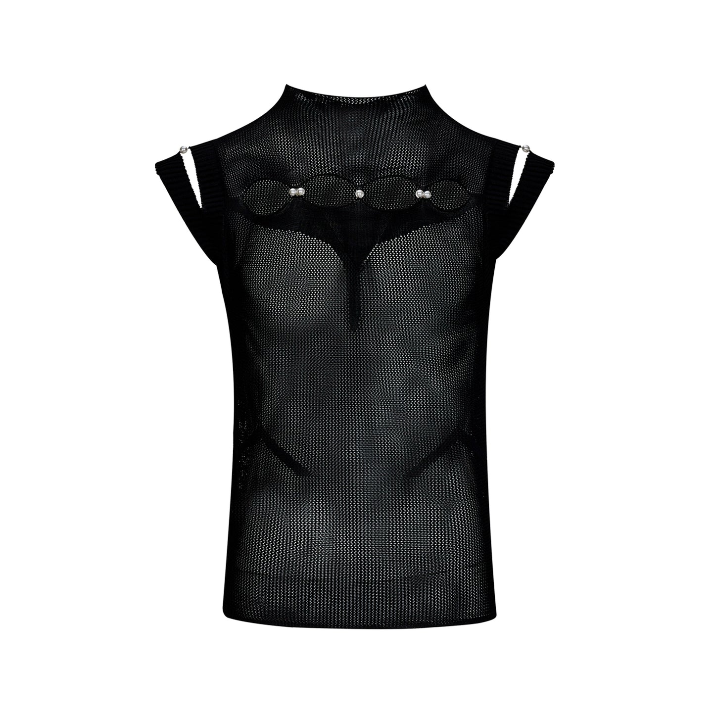 Hollow Mesh Pearl Decoration Sleeveless T-Shirt WN18295