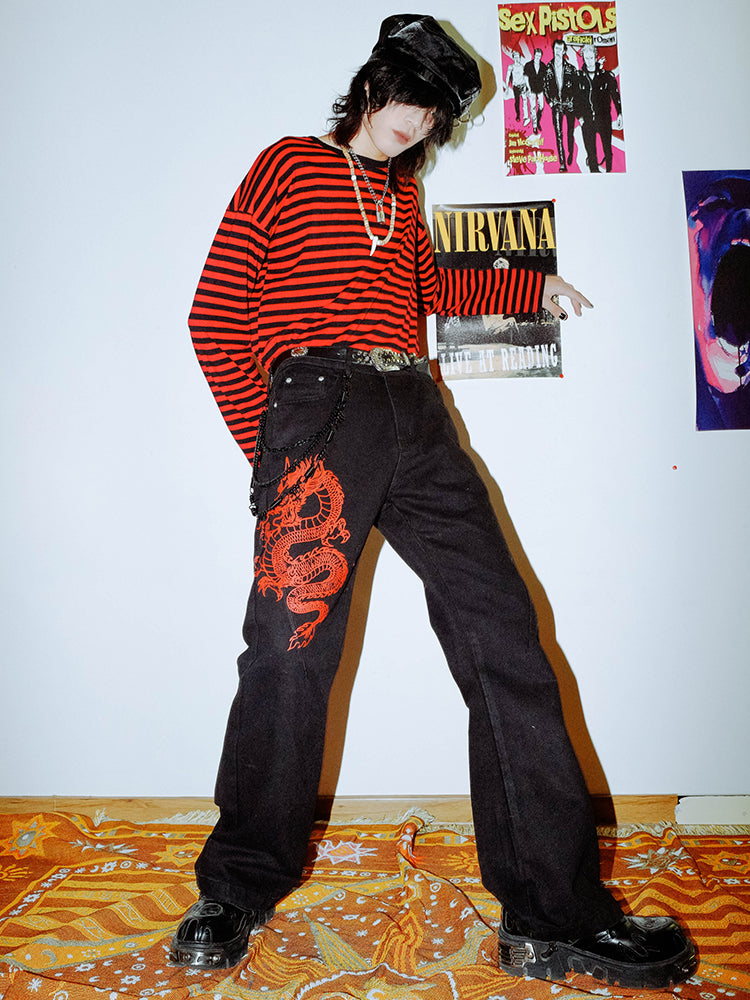 Dragon Print Micro Flare Denim Jeans WN16005