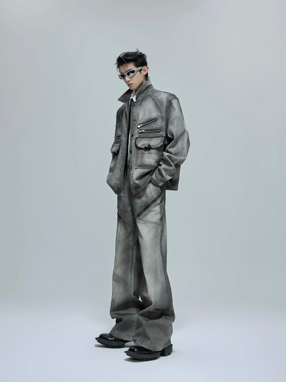 Washed Shoulder-Pad Denim Jacket & Zipper Flare Denim Jeans Setup WN21760