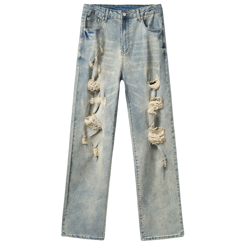Damage Washed Wide-Leg Straight Denim Jeans WN17610