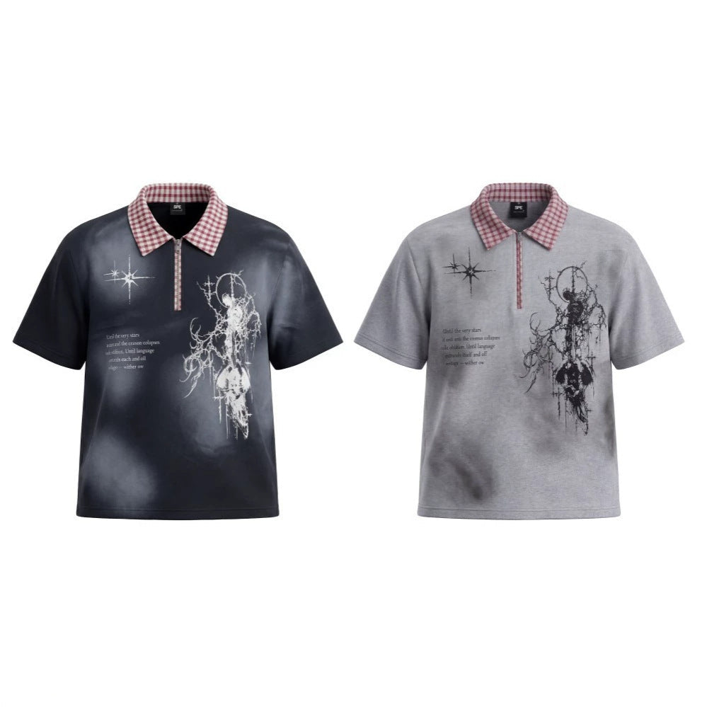 Gothic Gradient Half-Zip Plaid Collar Polo Shirt WN27877